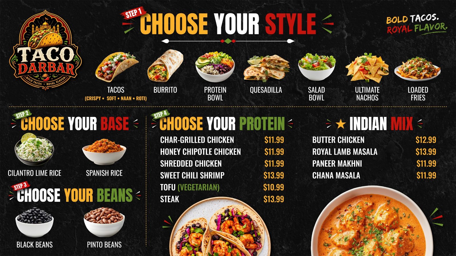 Taco Darbar menu board 1